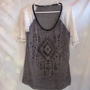 Gray and white T-shirt with black design